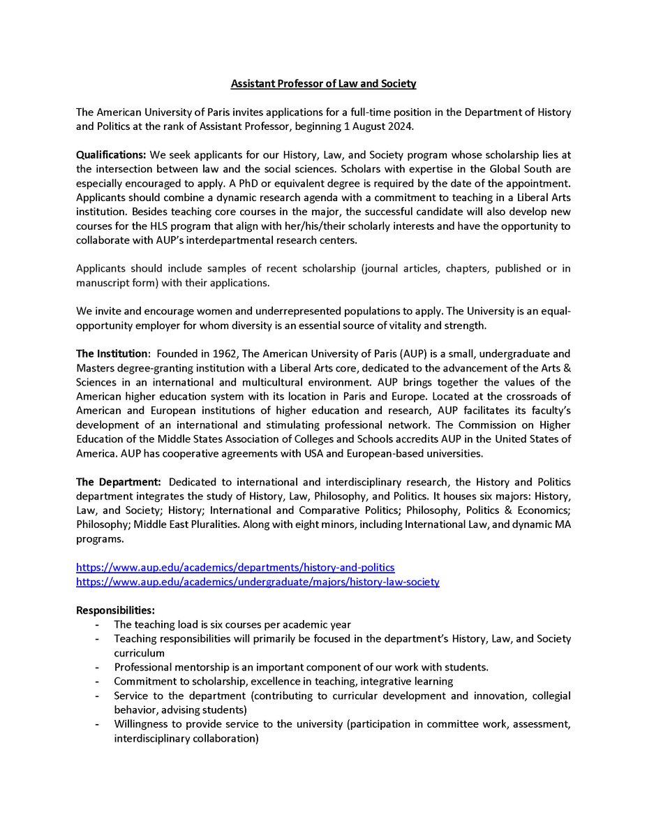 RomanZinigrad's tweet photo. Come work with us: @AUParis is hiring an Assistant Professor in Law and Society beginning 1 August 2024. Deadline for applications: 15 December 2023 https://t.co/Ruhk5BXjO2