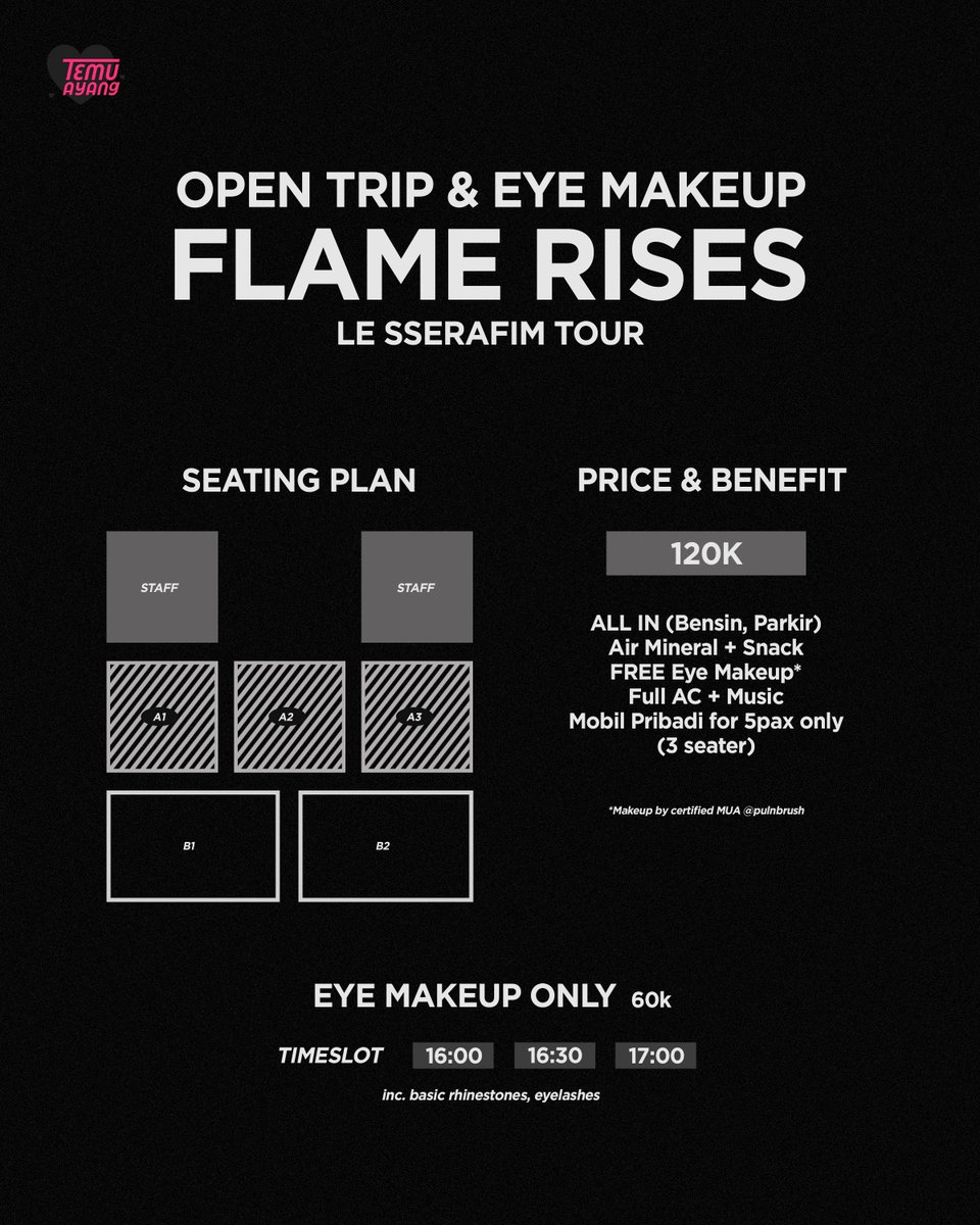 temuayang's tweet photo. 🚙💄 OPEN TRIP &amp; EYE MAKEUP
for #FLAME_RISES_IN_JAKARTA

route: bekasi — jakarta timur (grand kota bintang, bekasi cyber park, harapan indah, lulu cakung, aeon mall jgc)
🧤 EYE MAKEUP by pulnbrush, certified mua (inc. rhinestones &amp; eyelash)

🏷️ konser le sserafim flame rises jkt https://t.co/btvWaaGCYW