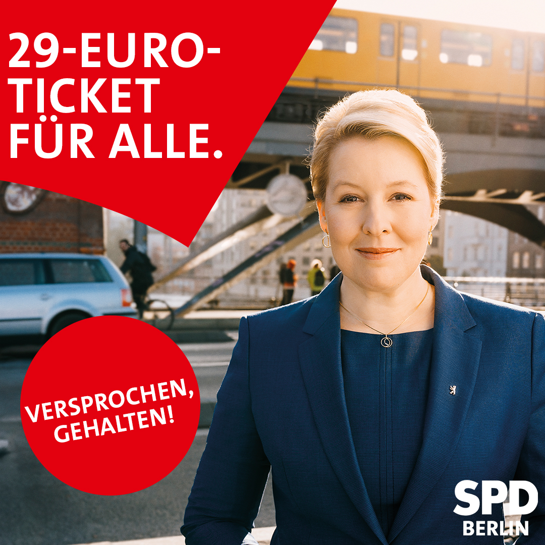 spdberlin's tweet photo. Das #29EuroTicket für Berlin kommt wieder: Für 29€/Monat im gesamten Berliner Stadtgebiet mobil sein. Für alle. Versprochen, gehalten! Damit entlasten wir alle, die in Berlin unterwegs sein wollen und leisten einen wichtigen Beitrag zu einer klimafreundlichen Mobilitätswende. https://t.co/SNrc4TGJw1
