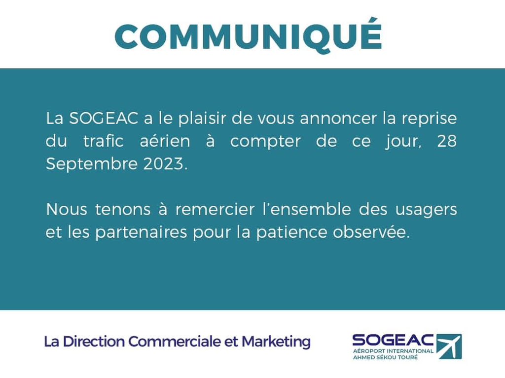 PresseAGP's tweet image. Aéroport international Ahmed Sekou Touré : COMMUNIQUÉ SUR LA REPRISE DU TRAFIC AÉRIEN 

#aeroportAST #aeroport #SOGEAC #COMMUNIQUE #Guinee #InfoFlash #aerien