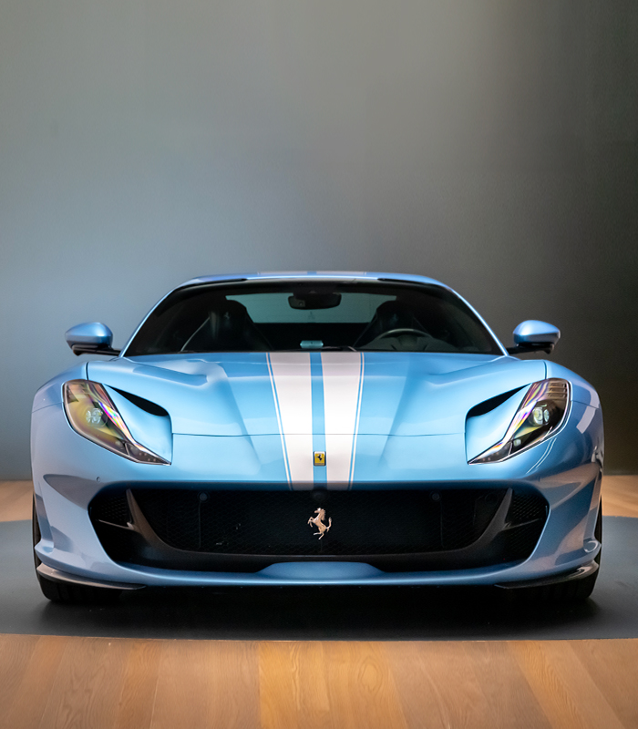Ferrari's tweet photo. #FerrariTailorMade programme, a diverse spectrum of styles come together to create a unique design.

Its design elements vary from Azzurro Met 505C bodywork, to vintage-style seats with vertical ribbing to the inserts.
#Ferrari https://t.co/2sdY3qvOho