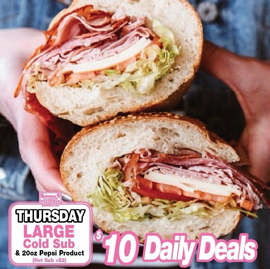 Thursday's $10 Daily Deal:  🥖LARGE Cold Sub &amp; 20 OZ Pepsi Product 
(HOT ♨️sub +$2) #DailyDeals #TNF #DetroitLionsFan  #Packers 

Custom made to make your tastebuds tingle!