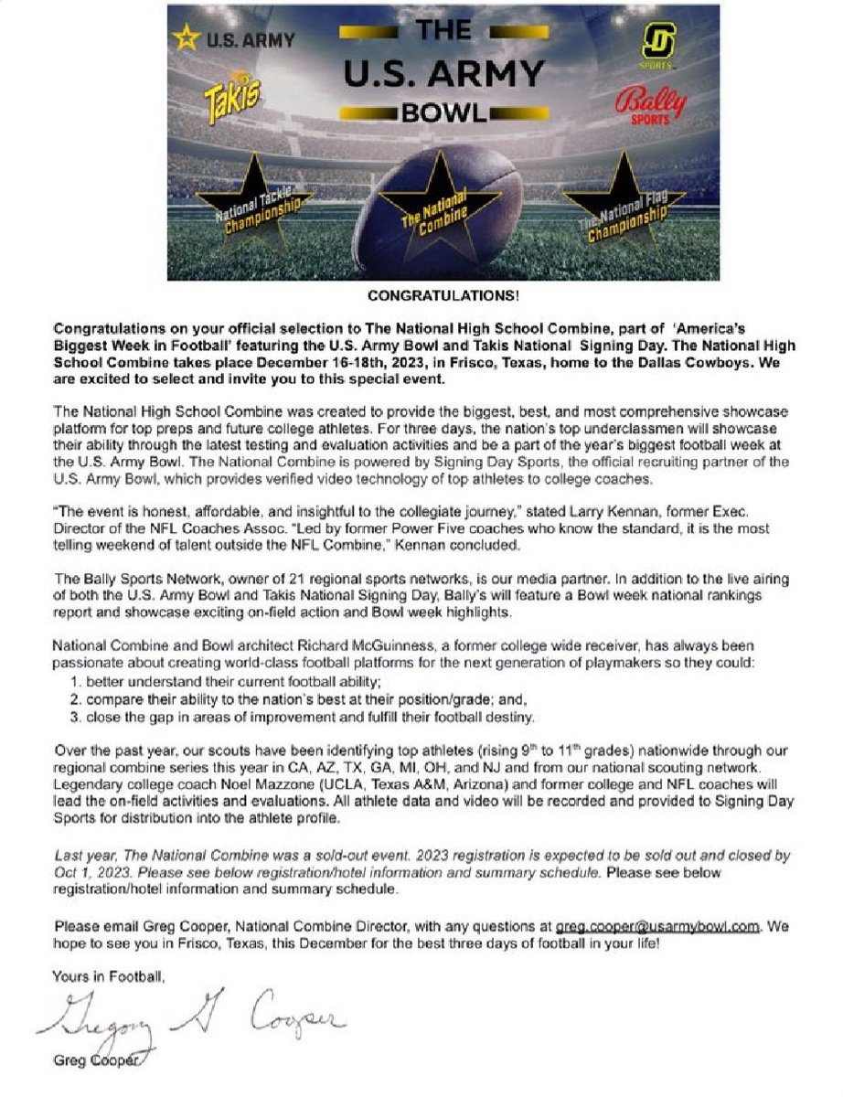 It's truly an honor and a blessing to receive an invite to the U.S. Army Bowl Combine!🙏🙏🙏
<a href="/USArmyBowl/">Military Appreciation Bowl Week</a> <a href="/LawrencHopkins/">Lawrence Hopkins</a> <a href="/ScottLashleyPRF/">SLP athlete</a> <a href="/Thescottlashley/">Scott Lashley</a> <a href="/CAPCOsports/">CAPCO Sports</a>