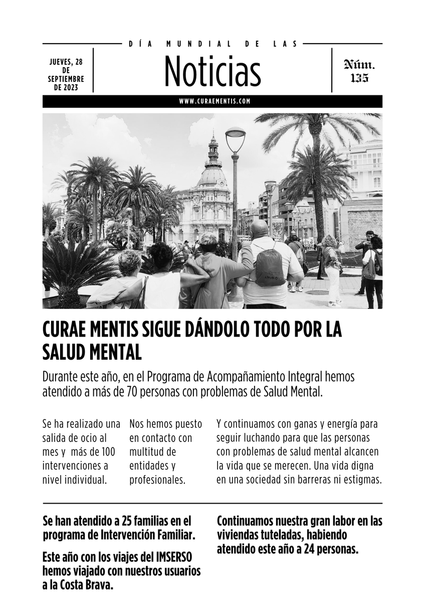 Hoy es el día mundial de las noticias y nosotros también tenemos una noticia que contar.
Y queremos agradecer enormemente a los colaboradores que hacen esto posible: 
<a href="/FundlaCaixa/">Fundación ”la Caixa”</a> <a href="/FCajamurcia/">Fundación Cajamurcia</a> <a href="/AytoMurcia/">Ayuntamiento de Murcia</a> <a href="/Murciasalud/">Murciasalud</a> <a href="/PolitSocialMur/">Consejería de Política Social Familias e Igualdad.</a>