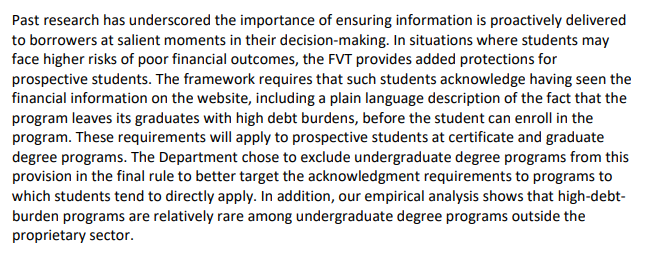 Looks like ED caved to the higher ed lobby in the final Gainful Employment rule. Nonprofit colleges are no longer subject to a requirement that they disclose high debt levels for undergraduate degrees to students before enrolling.