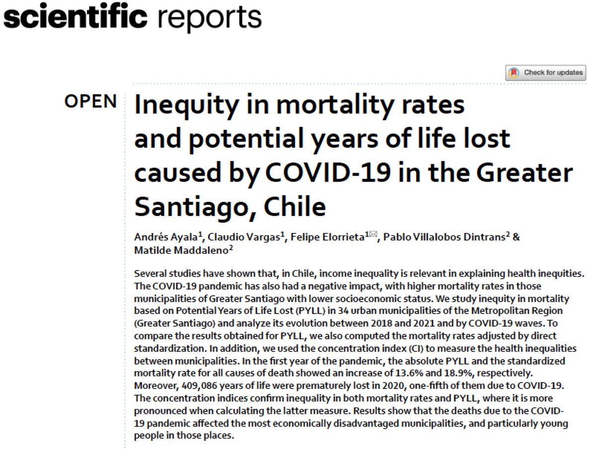Ya esta publicado en revista <a href="/SciReports/">Scientific Reports</a> el último articulo del equipo de <a href="/datasaludusach/">Data Salud</a> titulado "Inequity in mortality rates and potential years of life lost caused by COVID-19 in the Greater Santiago,Chile"
Puede leer el artículo completo aquí:
nature.com/articles/s4159…
Va hilo