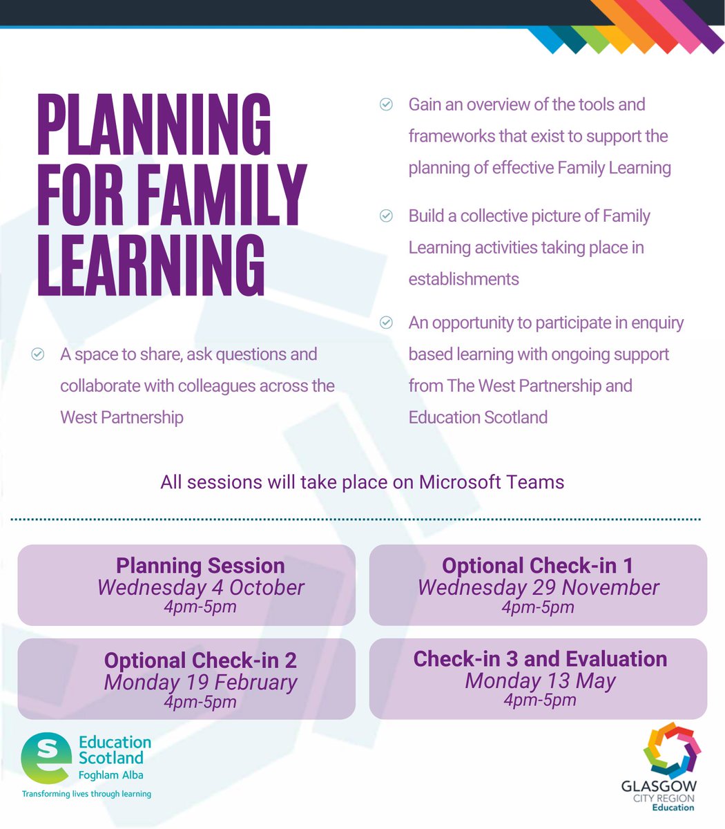 Interested in Family Learning? This series will look at how to plan family learning effectively to ensure the greatest impact.

Starting on Wednesday 4 October with optional check-ins at regular intervals.

✨Sign up now 👉 forms.office.com/pages/response…