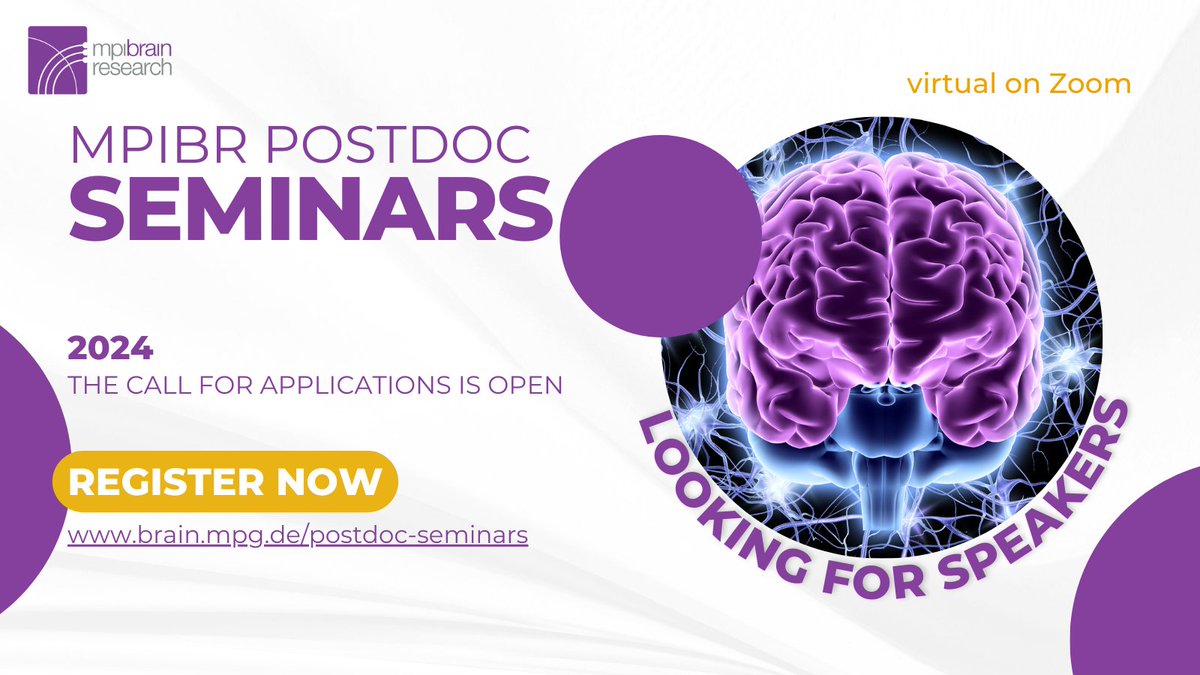 MPI for Brain Research (@mpibrain) on Twitter photo Following the successful previous rounds of external postdoc seminars, the <a href="/MpiBrain/">MPI for Brain Research</a> is again hosting a series of virtual seminars in 2024 by excellent postdoctoral researchers in Neuroscience, the mpibr External Postdoctoral Seminar Concatenations (mEPSCs).
Applications for Following the successful previous rounds of external postdoc seminars, the <a href="/MpiBrain/">MPI for Brain Research</a> is again hosting a series of virtual seminars in 2024 by excellent postdoctoral researchers in Neuroscience, the mpibr External Postdoctoral Seminar Concatenations (mEPSCs).
Applications for