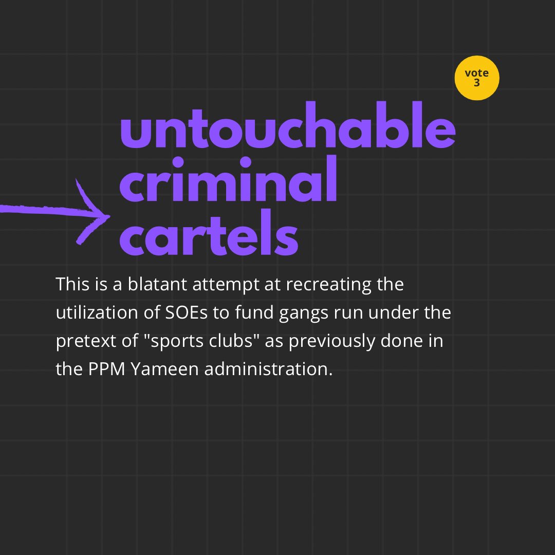 Muizzufesto #11.3 

Why are gangs siding with the PPM/PNC coalition?

Because they have already gotten the <a href="/MMuizzu/">Dr Mohamed Muizzu</a> government to agree to funnel money from SOEs to them, and had it written in their manifesto! Sound familiar? Because they did it in the previous PPM government