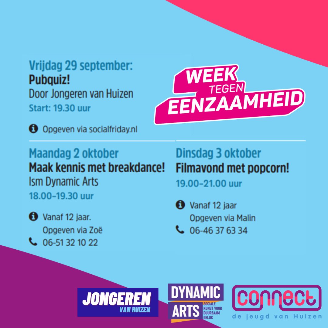 JCConnectHuizen's tweet photo. WEEK TEGEN EENZAAMHEID 

Morgen begint de jaarlijkse week tegen eenzaamheid. Naast ons reguliere programma hebben we een aantal leuke activiteiten op de planning. Meld je dus gauw aan voor de pubquiz, de breakdance les of de filmavond! 
#weektegeneenzaamheid #huizen #jongerenwerk https://t.co/FiAbwNdFCW