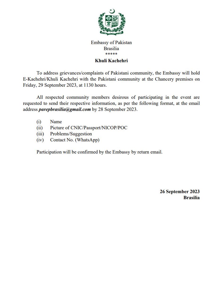 PakinBrazil's tweet photo. Khuli Kachehri to be held at the Embassy of Pakistan Brasilia. https://t.co/0AL639438x