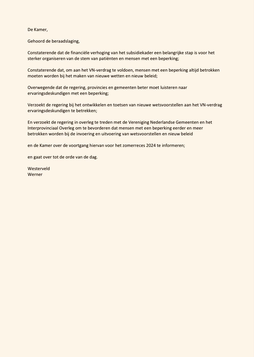 Lisawesterveld's tweet photo. Een inclusieve samenleving bereiken we pas als beleid wordt gemaakt samen mét mensen met een beperking.

Dat kan nog veel beter!

En daarom deed ik zojuist samen met @LucilleWerner dit voorstel.

Niets over ons, zonder ons! 🙌🏽 https://t.co/y10f86sZv9
