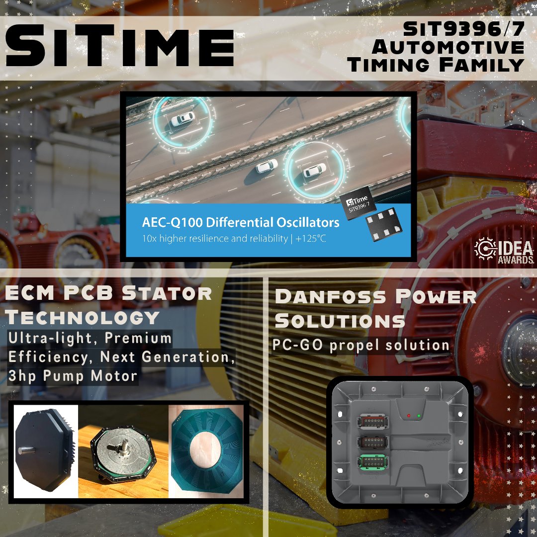 ElectronicDesgn's tweet image. .@SiTimeCorp won the #IDEAAwards electric #drives, #motors and components category with its SiT9396/7 Automotive Timing Family. Read more about the honorees (@pcbstator and @Danfoss) here: bit.ly/45VndJj