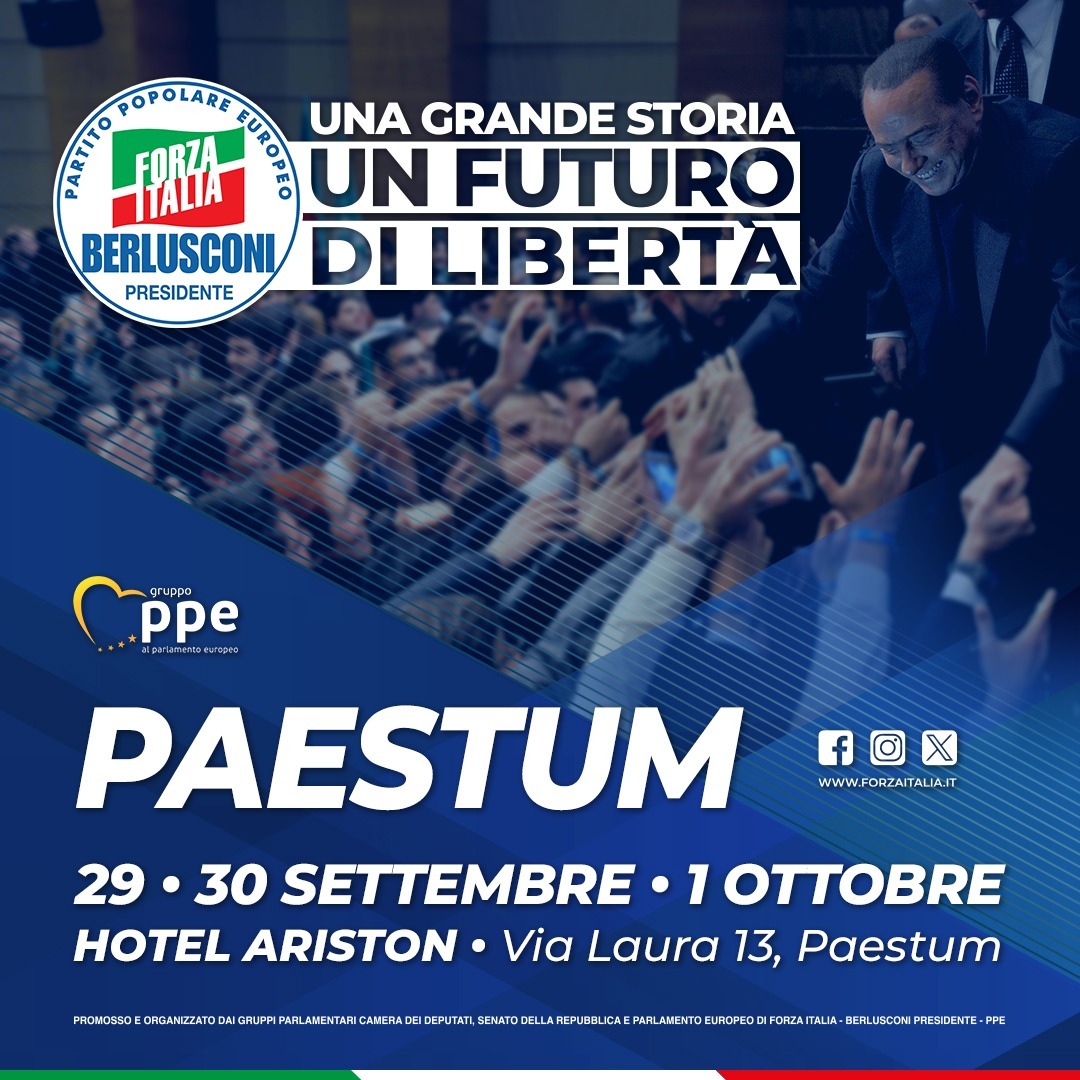 forza_italia's tweet photo. Da domani 29 settembre per il #BerlusconiDay e fino a domenica 1 ottobre saremo a Paestum per la manifestazione nazionale di Forza Italia. Registratevi e potrete ricevere anche i gadget dell'evento! 
👉 https://t.co/JtwbvzDJ0e
Vi aspettiamo! https://t.co/jreDo93QL9