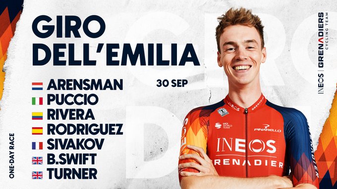 Giro dell' Emilia lineup graphic.
Arensman (highlighted)
Puccio
Rivera
Rodriguez 
Sivakov
B.Swift
Turner