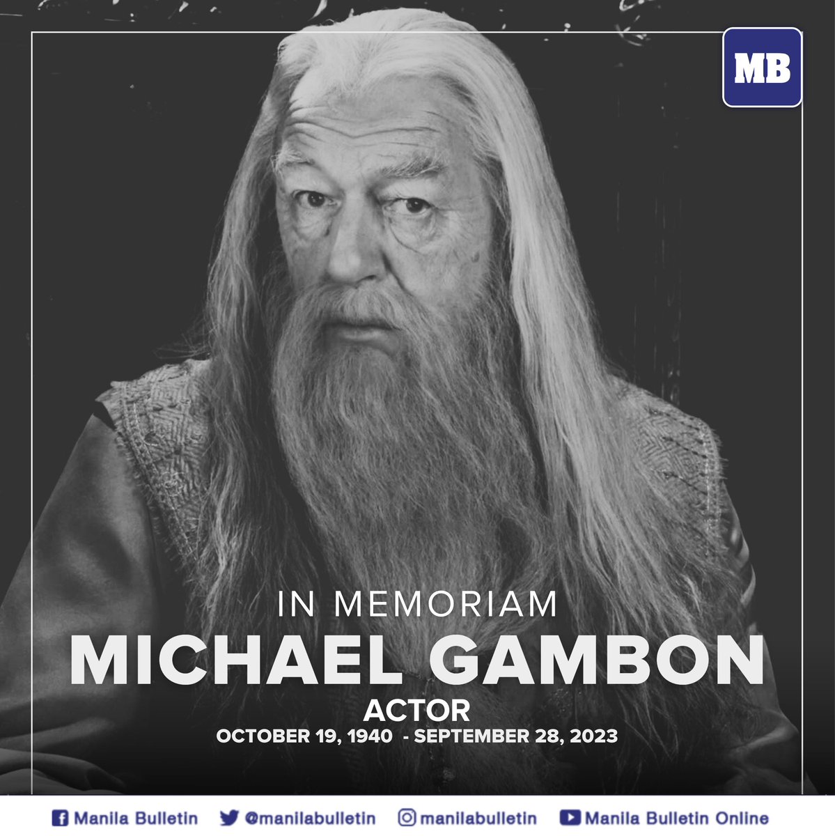 REST IN PEACE, MICHAEL

Sad news for '#HarryPotter' fans. Actor #MichaelGambon passed away at 82 on Thursday, September 28.

According to a family statement, the British actor died in a hospital. Gambon is well-known for playing '#AlbusDumbledore' in six Harry Potter films.