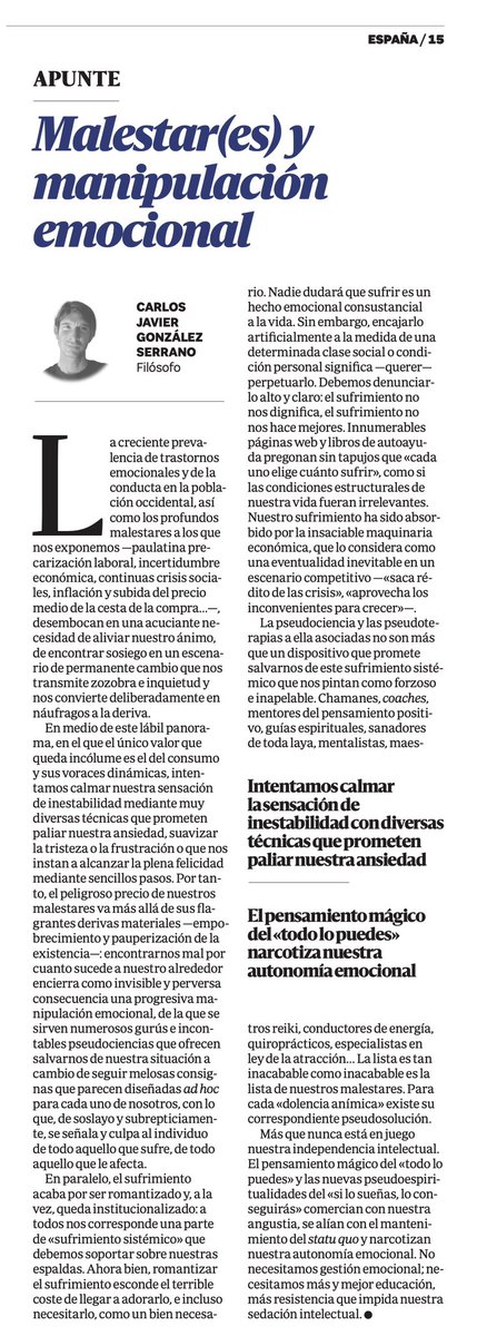 El sufrimiento no nos dignifica, el sufrimiento no nos hace mejores. Innumerables webs y libros de autoayuda pregonan sin tapujos que “cada uno elige cuánto sufrir”, como si las condiciones estructurales de nuestra vida fueran irrelevantes. Escribo sobre ello en prensa nacional.
