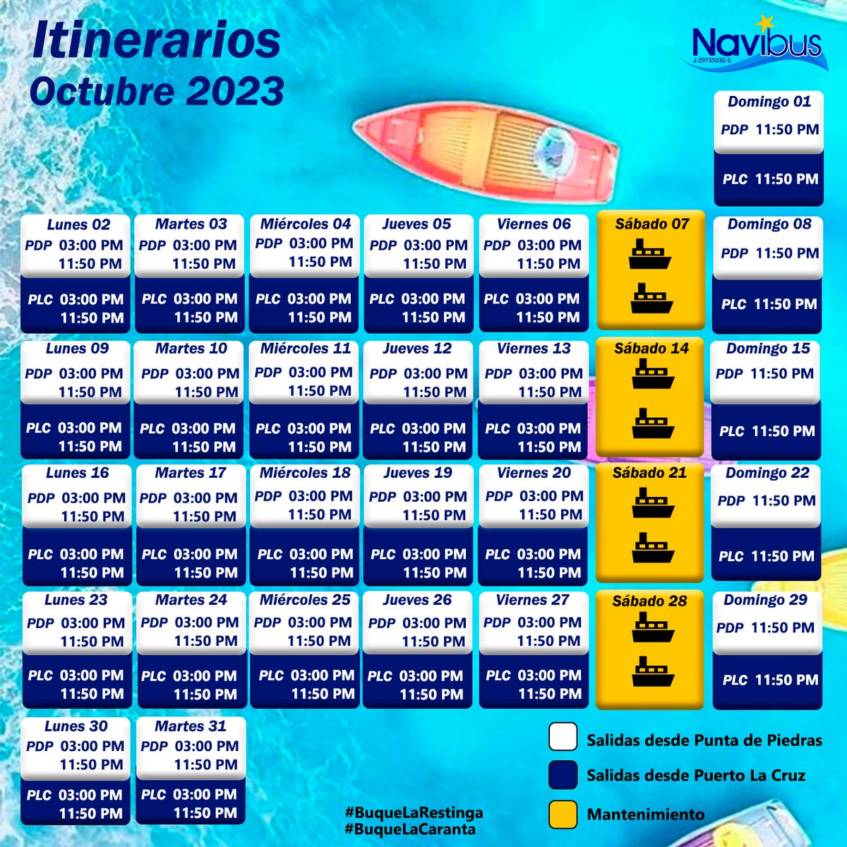 Navibus's tweet photo. DESLIZA Y CONOCE NUESTROS ITINERARIOS DEL MES DE OCTUBRE
✅PDP-PLC
✅PLC-PDP
Para más información puedes escribirnos a través de mensaje privado😉
#UsuarioNavibus
#NuevosHorarios
#PDP
#PLC
#LaRestinga
#LaCaranta https://t.co/EraURY8Qp1