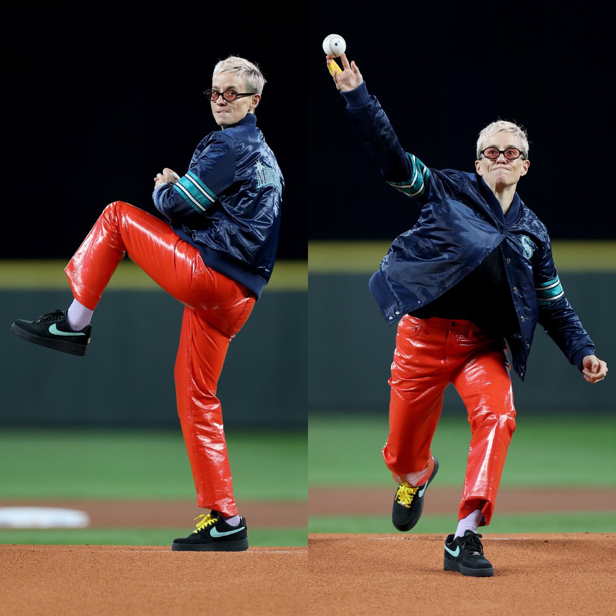 MLBLife's tweet image. Megan Rapinoe threw out the first pitch at the Mariners game last night ⚽⚾