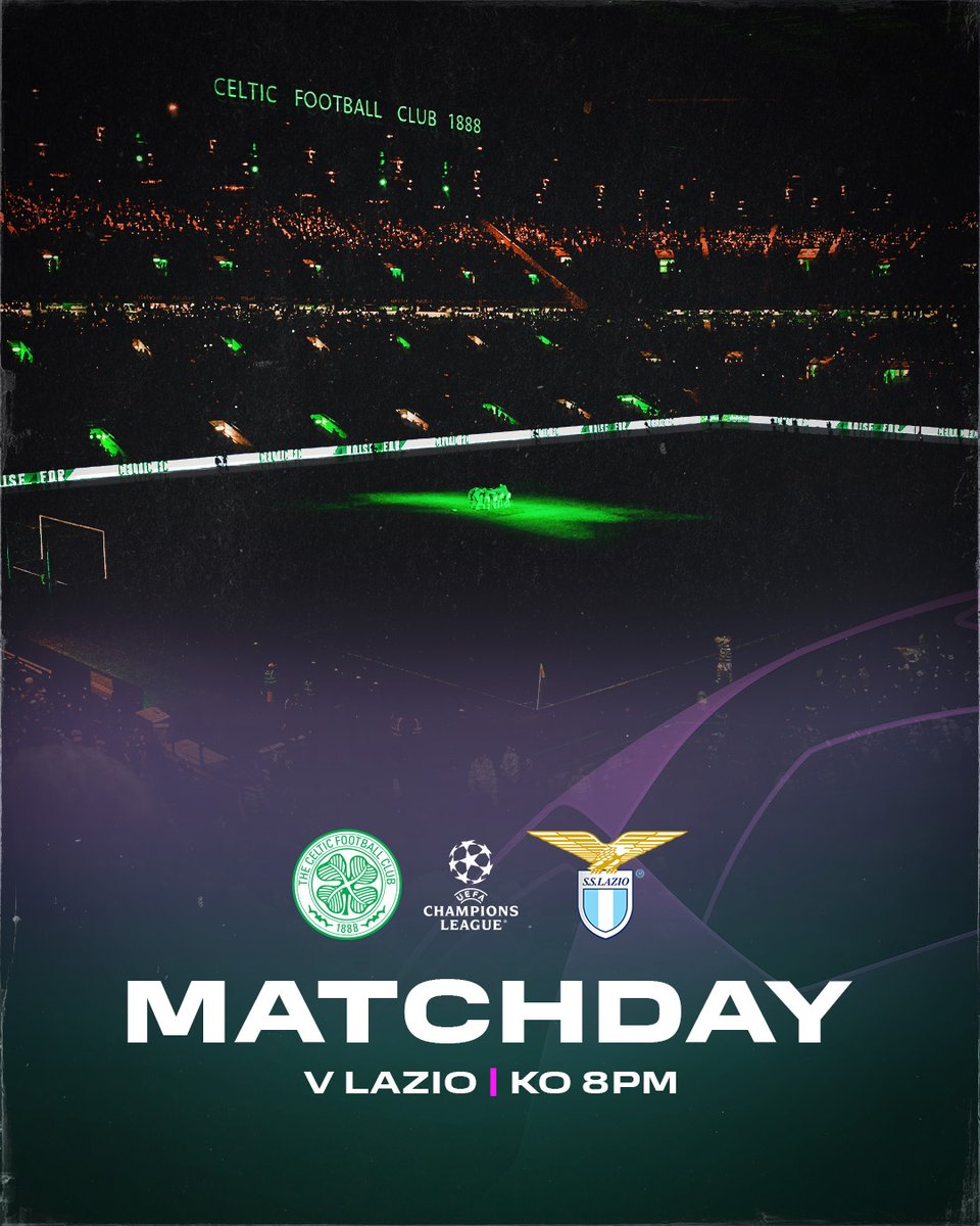 CelticFC's tweet photo. 🟢⚪ Back in @ChampionsLeague action! 

🆚 @OfficialSSLazio
🏆 #UCL
🕗 8pm
🏟️ Celtic Park 
📻 Live audio on @CelticTV Worldwide
📺 Live on @footballontnt

European Nights under the Paradise lights! 🤩

#CelticLazio | #COYBIG🍀 https://t.co/vVX2ZWzCUX