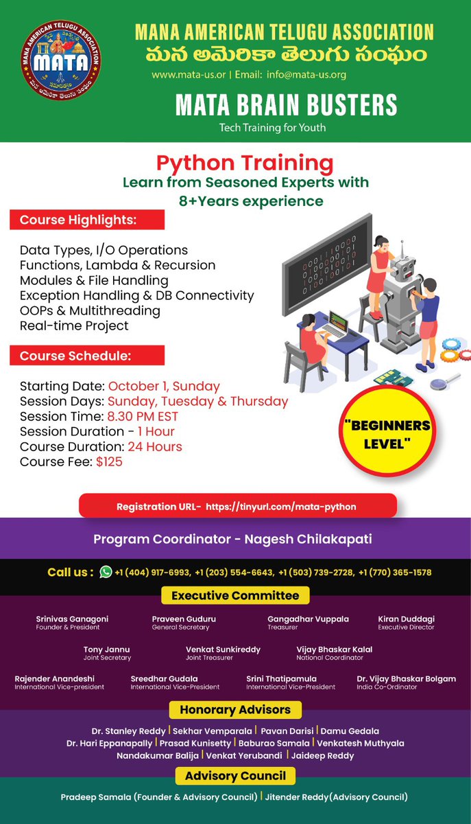 MATA_USA's tweet photo. Python Training Learn from Seasoned Experts with 8+ Years of Experience                                               
Read https://t.co/Z3kmZIuGA8 to know more
Registration URL - https://t.co/SpES5lPT0T
👨‍🏫 Program Coordinator - Nagesh Chilakapati
📞Call us: +1(404) 917-6993 https://t.co/KOvNc5O26R