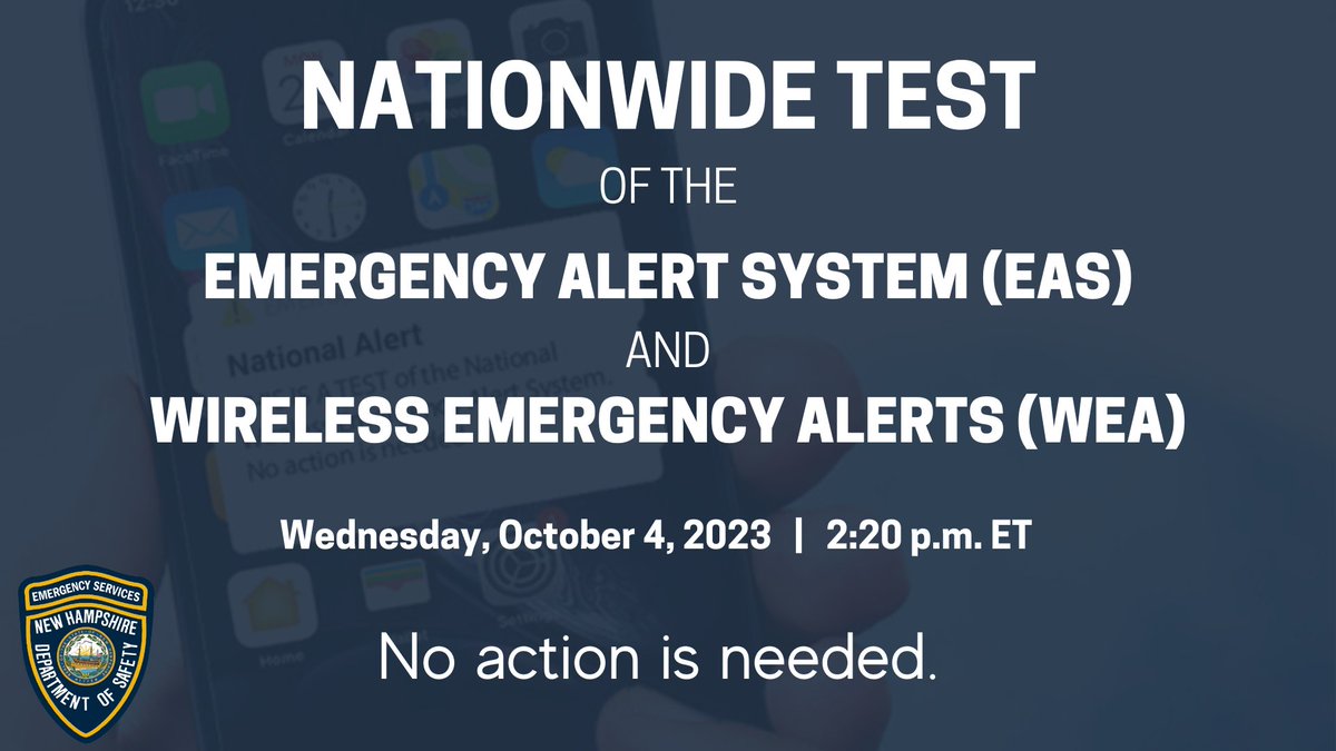 FEMA, partnering with the FCC, will conduct a national test of the Emergency Alert System and Wireless Emergency Alert at 2:20 PM Eastern Time on October 4, 2023. The EAS test will last about 1 minute and will confirm the ability of the system to deliver a national EAS message.