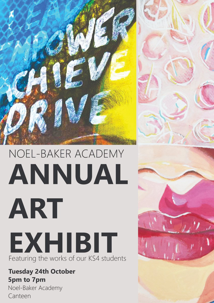 noelbakerlead's tweet photo. NBA Art Exhibit

An exhibition of KS4 Artwork for one evening only!
Tuesday 24th October
5pm – 7pm
Pupils, Friends and Family all welcome. https://t.co/KbtARhvU2n