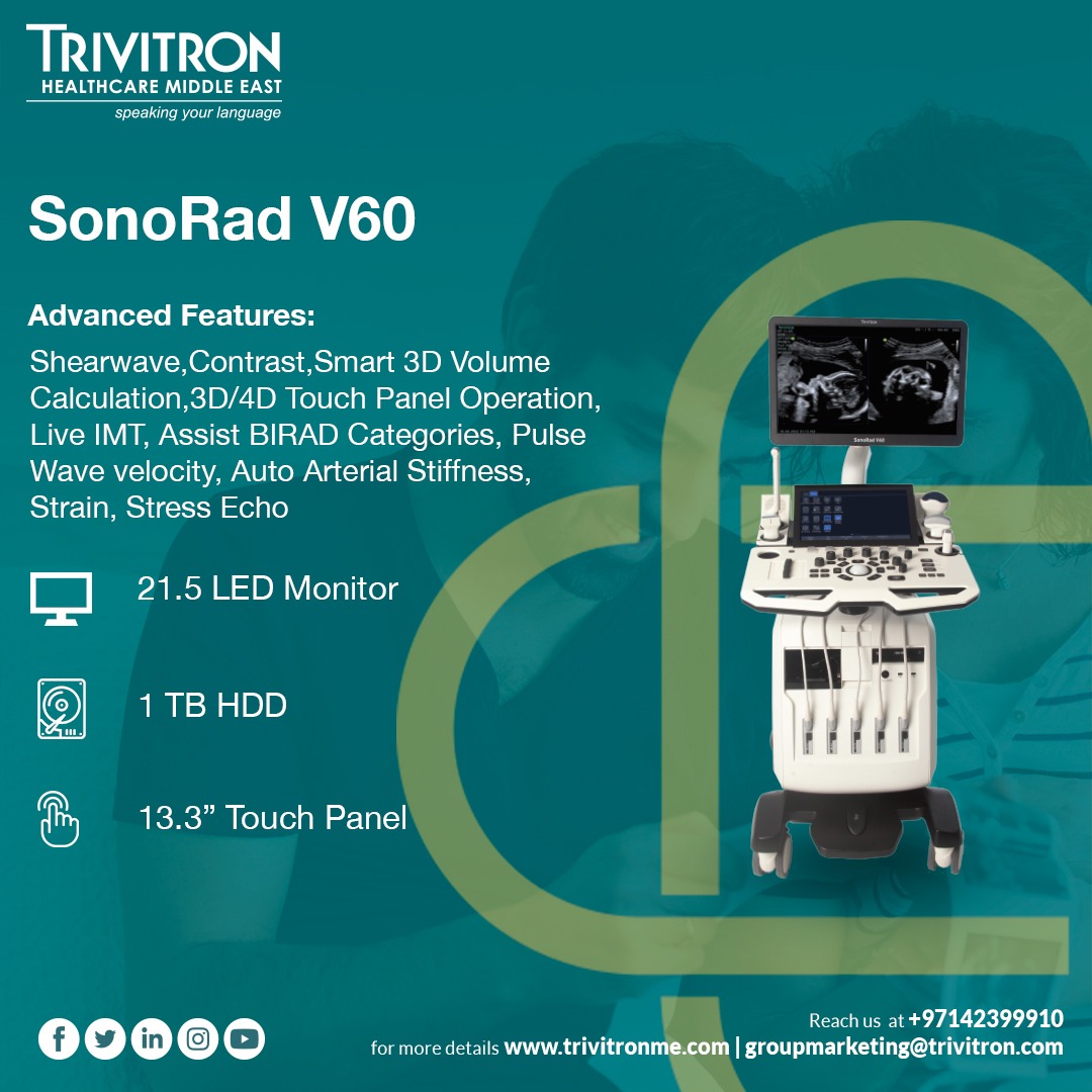 TrivitronME's tweet photo. SonoRad V60, smart and Versatile Color Doppler offers the VLucid platform, built with sophisticated image processing technologies and smart solution design, that provide exquisite image quality, advanced intellectual tools and efficient workflow for a wide range of applications. https://t.co/ekzdfyysFQ