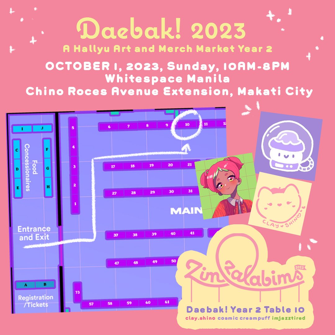 <a href="/cosmiccreampuff/">cosmic c. 🌿</a> <a href="/imjazztired/">Jazz</a> and I will be at Daebak! 💜💚🩷

✨ Zimzalabims Table 10
📅 OCT 1, 2023, Sunday, 10AM-8PM
📍Whitespace Manila, Chino Roces Avenue Extension, Makati City
🎫 Entrance fee: 100pesos
#daebak2023 #daebakph #daebakyear2 #stickerconmnl #stickerconmnl2023