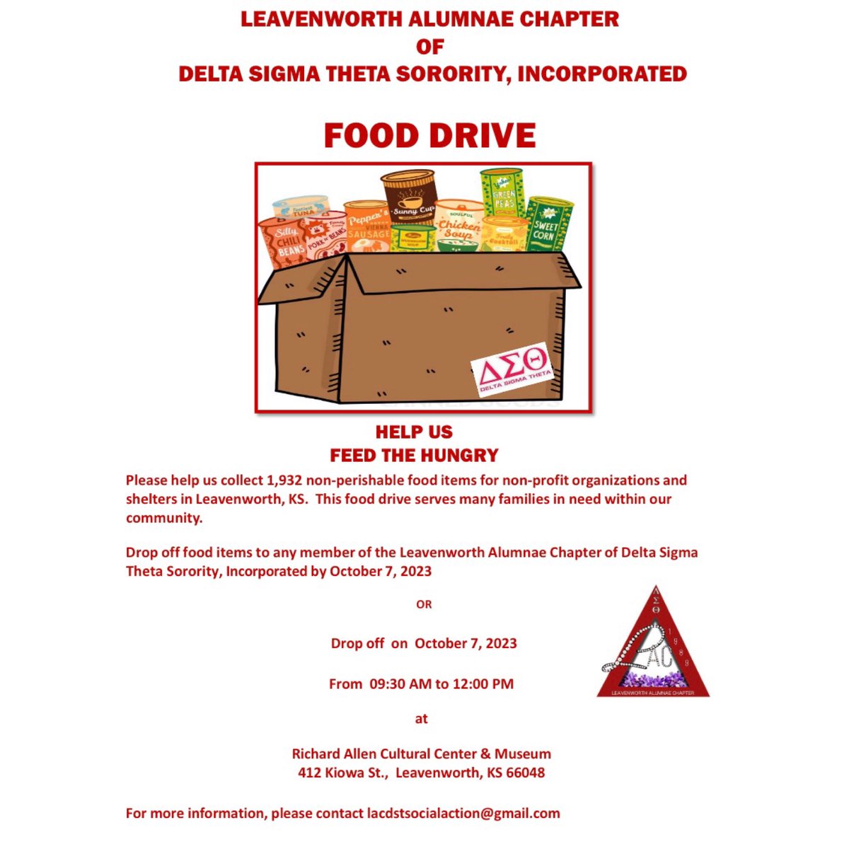 LVAC_DST's tweet photo. Please help us feed the hungry!
Donate non-perishable food items to any member of LAC DST by October 7, 2023,
or drop them off to the front desk of the Richard Allen Cultural Center from 0930-1200 on October 7, 2023. 
Thank you in advance for your support! https://t.co/LOITUgkIvg