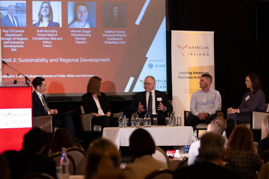 AmericanChamber's tweet photo. We had a really insightful discussion on sustainability and regional development at our Southern Conference today.
Thank you to our panellists Ray O'connor @IDAIRELAND, Siobhan Young @CushWake, Ruth McCarthy @Fexco and Vincent Goggin @PepsiCo
#WhySouth
@Zurich https://t.co/6fTl4ApmKX