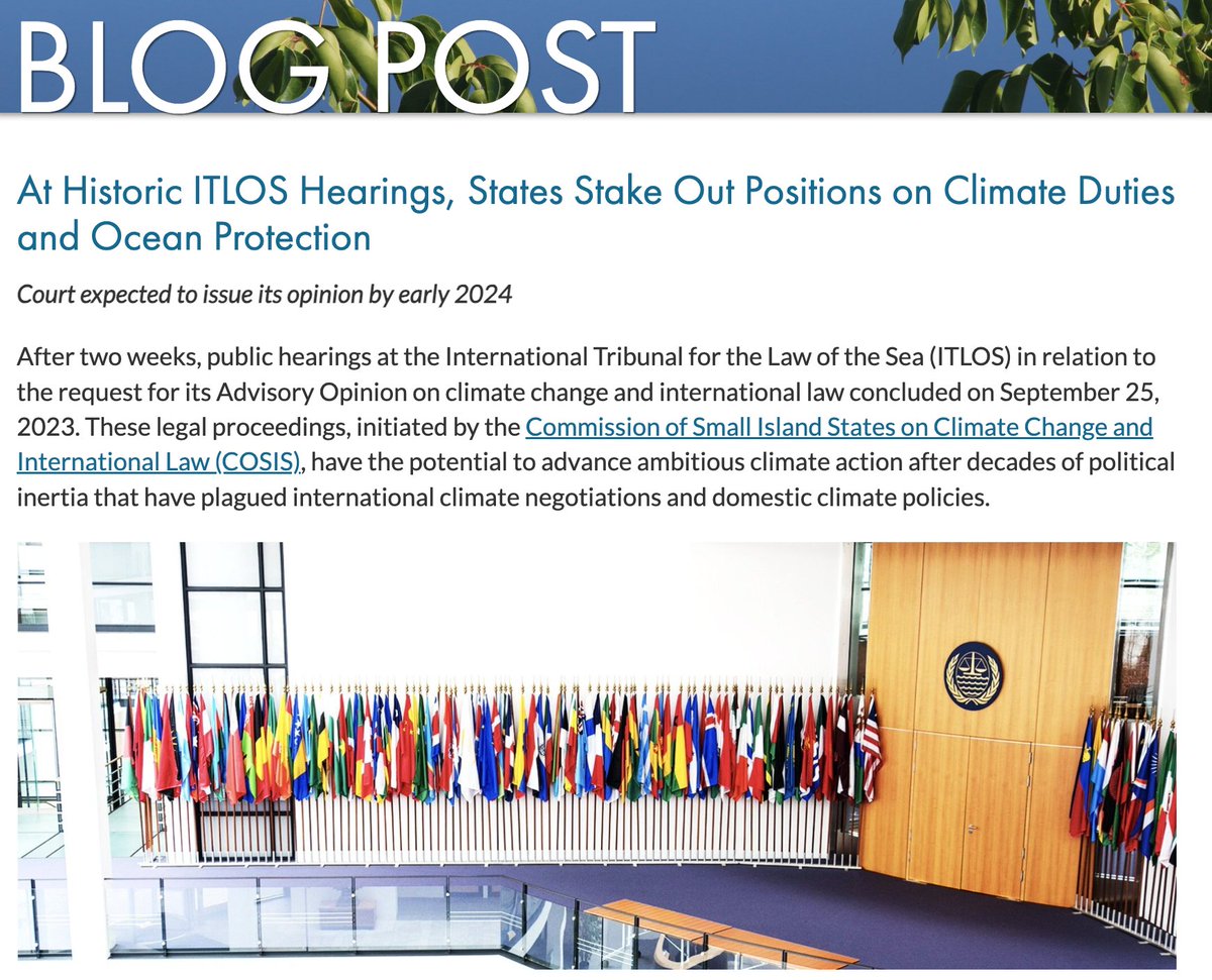 💡 ⚖ 🌊Brilliant blog on recent #ClimateJustice hearings at🇺🇳Intern'al Tribunal on Law of Sea @ITLOS_TIDM, summarising key legal arguments contained in oral interventions of States & intergov'al orgs
#ITLOScase31 #ITLOSao
🖊️👏 @joie_chowdhury
🔗ciel.org/at-historic-it…