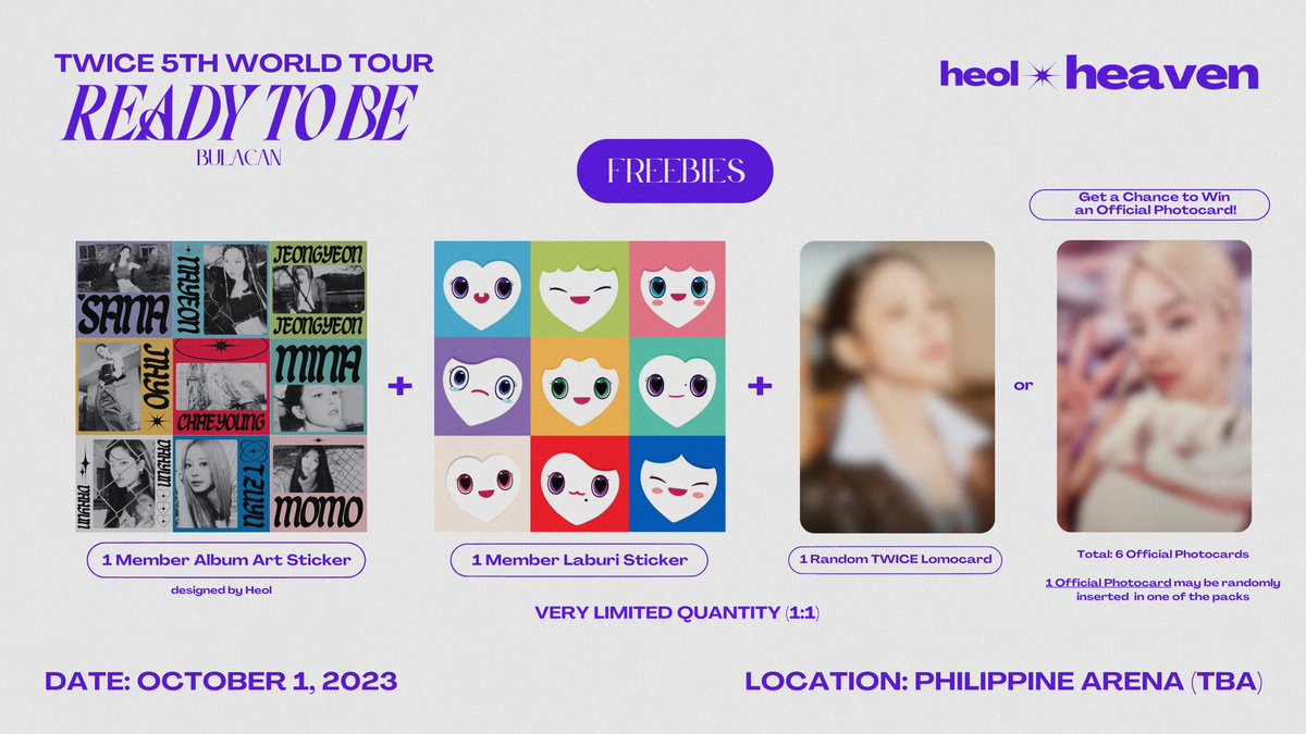 heolheavenph's tweet photo. ˳✧ [TWICE READY TO BE BULACAN FANKIT]

annyeong angel Onceu! 💜 we’ll be giving away freebies this upcoming day 2 @ rtb bulacan (Oct. 1)

✧ very limited quantity (1:1)
✧ mbf, rt &amp; like to claim! 

#TWICE_5TH_WORLD_TOUR_BULACAN 
#READYTOBEinBULACAN 
#TWICE_5TH_WORLD_TOUR https://t.co/rxS2fdOPUL