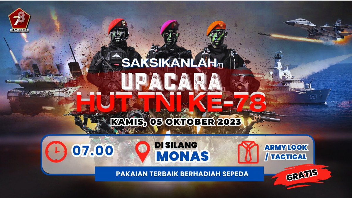 _TNIAL_'s tweet image. Saksikanlah
Upacara HUT TNI ke-78
Kamis, 05 Oktober 2023
Pukul 07.00 WIB di Silang Monas

#jalesvevajayamahe #tnial #indonesiannavy #muhammadali #laksamanamuhammadal #monas #jakarta  #huttni #huttni78