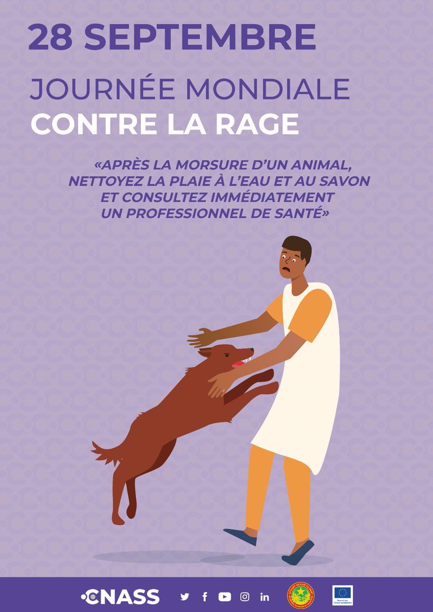AbdallahiAmal's tweet photo. La rage est un problème de santé publique. Chaque année, 6️⃣0️⃣0️⃣0️⃣0️⃣ personnes en meurent dans le 🌍. En cette #JournéeMondialeDeLutteContreLaRage, qui a pour slogan « tous pour un, une seule santé pour tous », rappelons les gestes à avoir en cas de morsure d’un 🐕
#CNASS
#OMS
#UE https://t.co/g02sYyg9rp