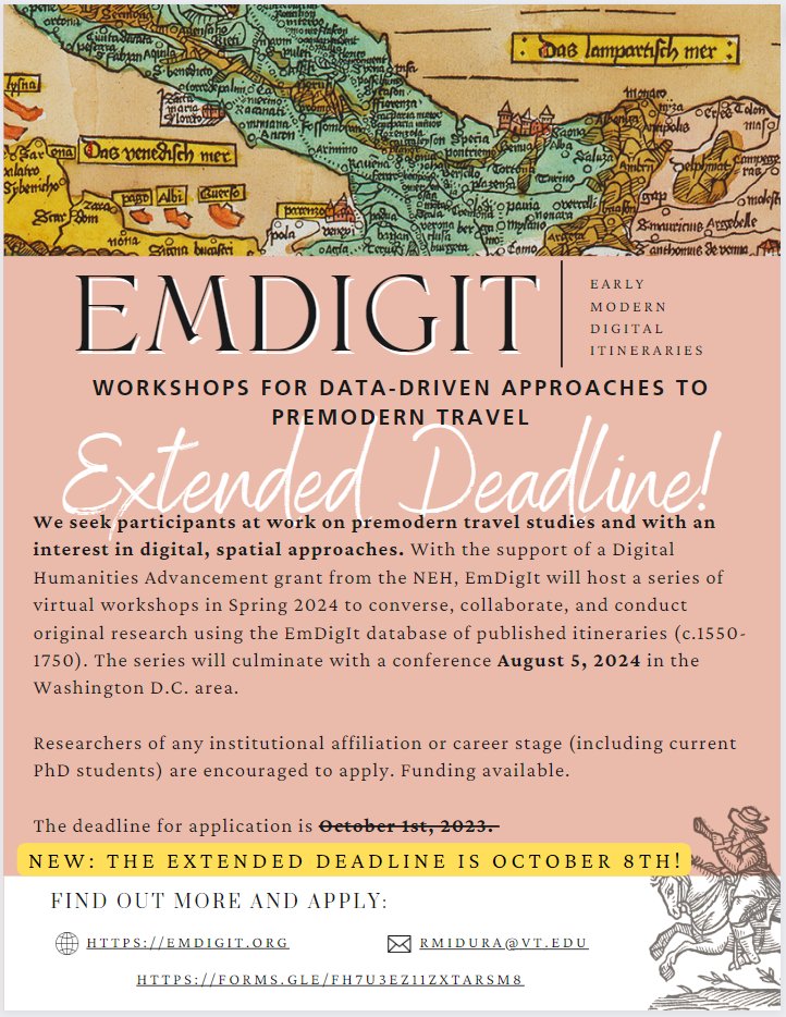 Thanks @RSAorg for sharing the EmDigIt call for participants! In light of all the other end-of-month deadlines, we've extended the call to October 8th, 2023. emdigit.org/2023/call-for-… #earlymodern #twitterstorians #digitalhumanities #digitalhistory #travelhistory @NEH_ODH