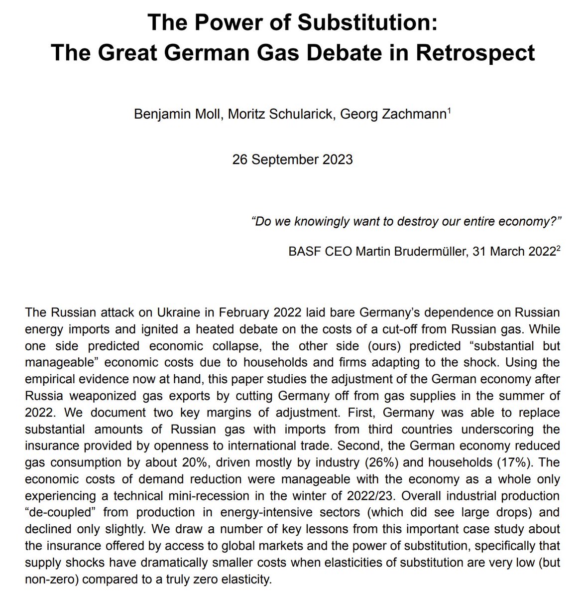 'The Power of Substitution: The Great German Gas Debate in Retrospect' with @MSchularick and @GeorgZachmann Presentation tomorrow at 11:30am ET at @BrookingsEcon conference. Live stream brookings.edu/events/bpea-fa… Draft: brookings.edu/wp-content/upl… Slides: benjaminmoll.com/GGGD_slides/