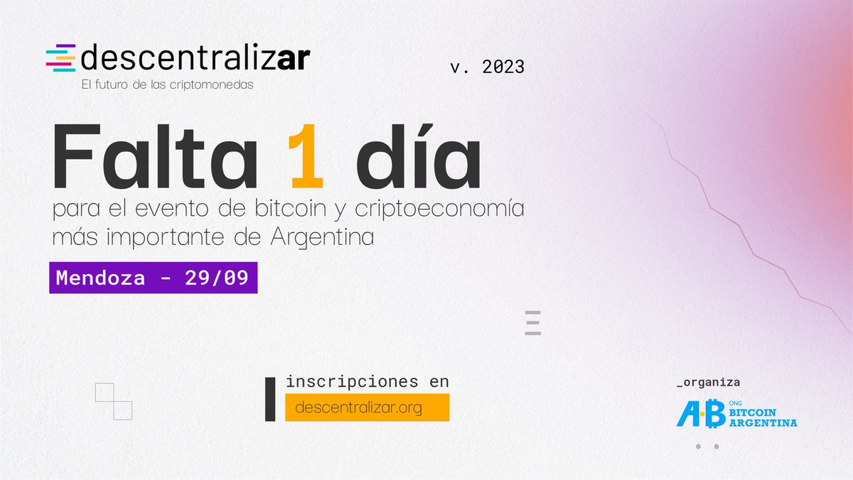 BitcoinAR's tweet image. ¡Solo un día para #DescentralizAr en Mendoza! ✨😀

🇦🇷✈️ Ya estamos en camino hacia esta hermosa provincia para encantarnos en este gran evento libre y gratuito sobre #Bitcoin y la #Criptoeconomia. 

Te esperamos mañana en la📍Facultad de Ciencias Económicas UNCUYO (Centro