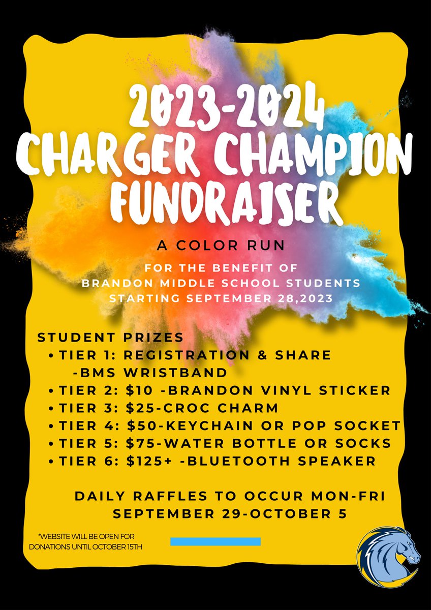 The 2023-2024 charger champion fundraiser kicked off today! Visit MYBOOSTER.COM to register your student and help our school! Our Charger Champion Color Run is October 5th. Support our school by: registering your student on MYBOOSTER.COM, Go Chargers!