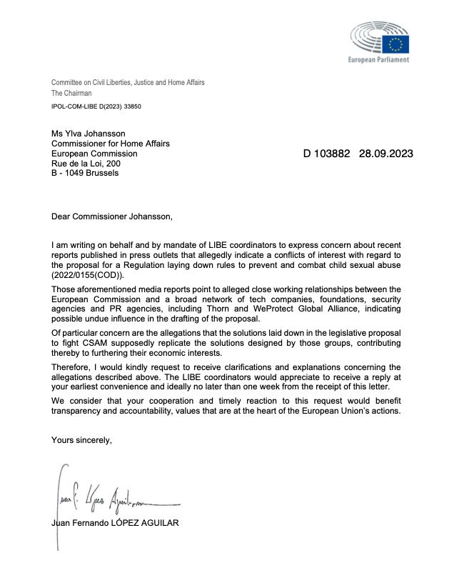 Chatcontrol: Europaparlamentet ställer frågor till EU-kommissionär Ylva Johansson om politisk korruption. #Chatcontrol