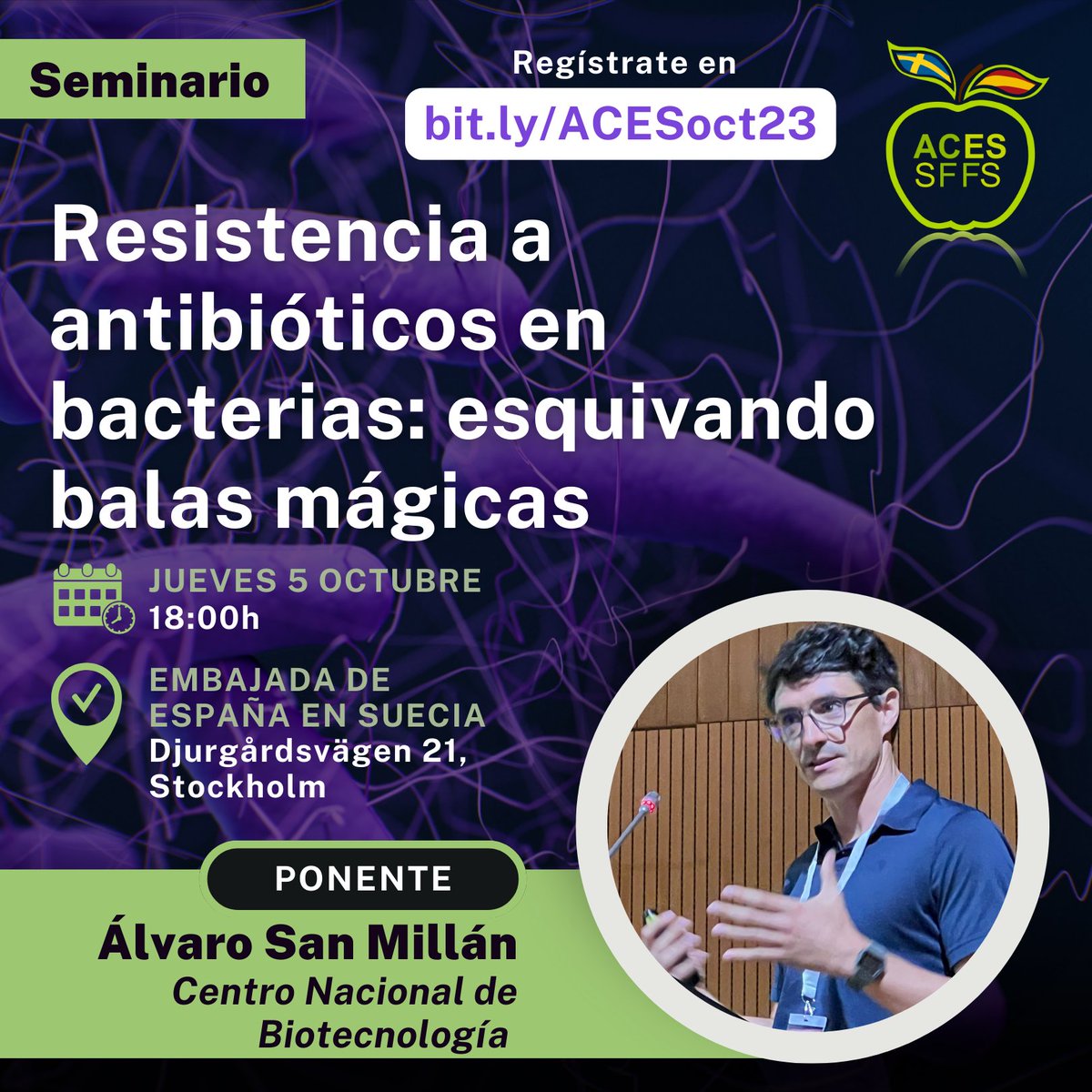 No te pierdas nuestra próximo evento, el jueves 5 de octubre nos vemos a las 18:00h en la @EmbEspEstocolmo para hablar de #resistencias a #antibióticos 💊 y conocer el trabajo de nuestro compañero @AlvSanMillan, científico titular del @CNB_CSIC 🙌Regístrate ya en bit.lyACESoct23