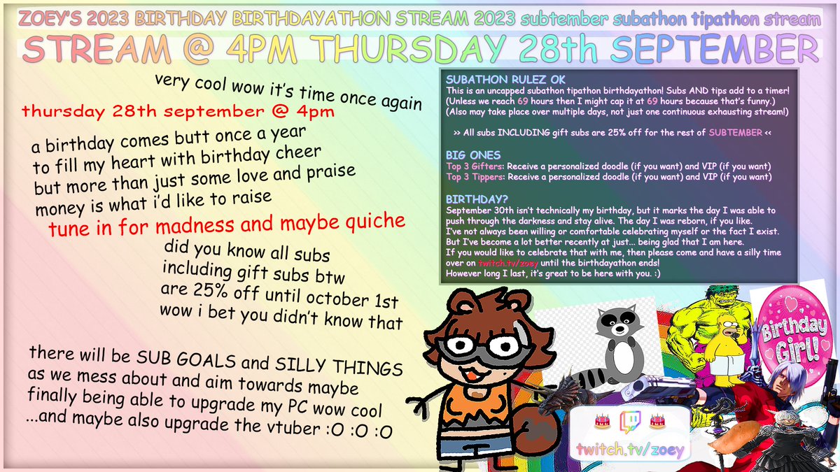 birthday birthdayathon at @ 4pm (that's 2 hours from now) all subs are 25% off rn btw both subs and tips will add to a combined timer thanks to magic see you there?~ 🎂🧇🦝