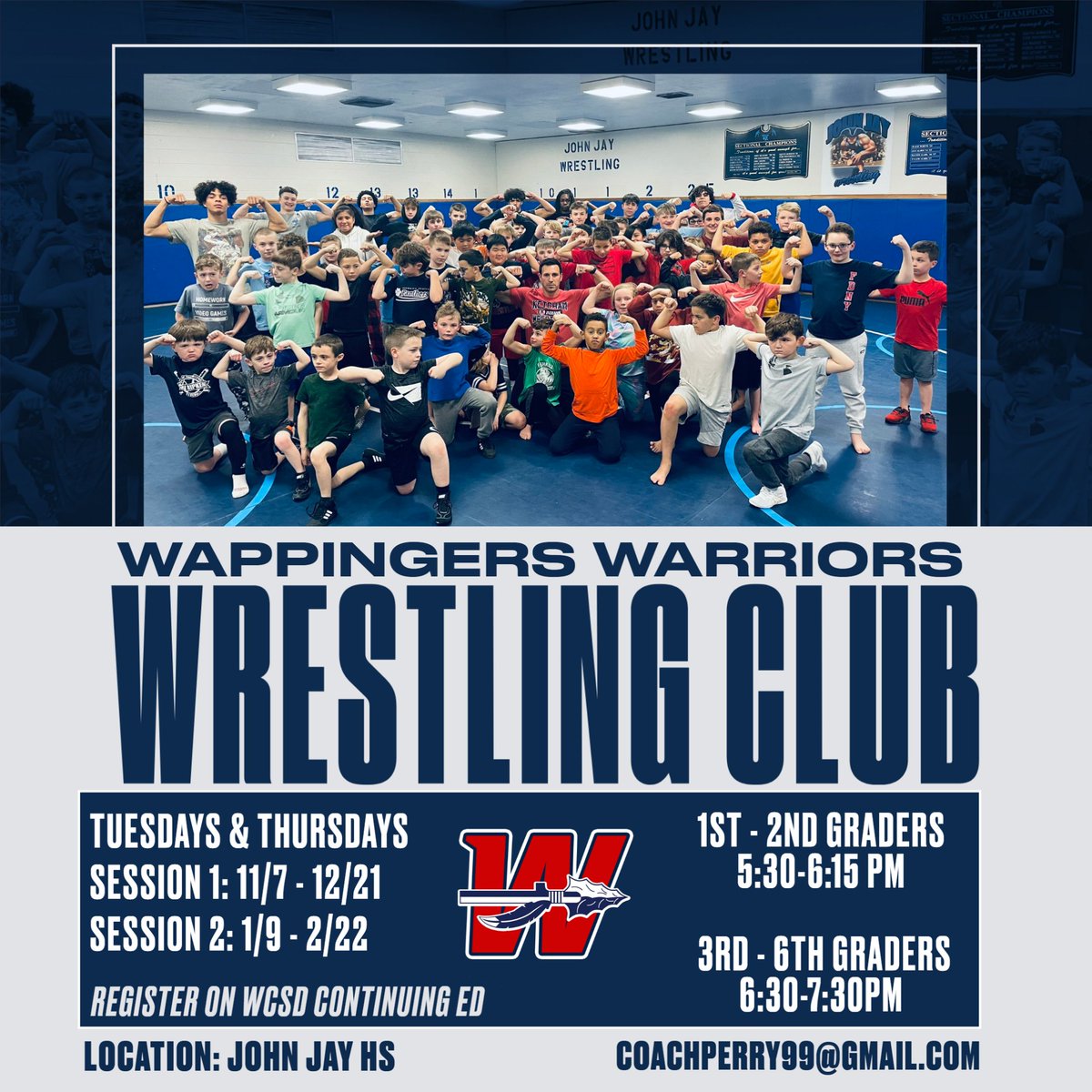 WappWrestling's tweet image. 📢REGISTRATION IS LIVE students.arbitersports.com/wappingers-cen… 
Warriors Youth Wrestling Club is BACK‼️. We only have space for 50 kids per time slot...last year we had to start the waiting list by the end of the first week. You may register for session 1, 2 or BOTH‼️
