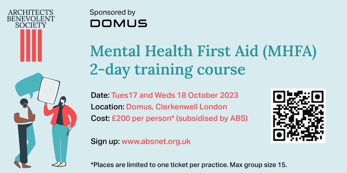 Become a Mental Health First Aider this October with ABS. We're very pleased to offer the 2-day MHFA training course at a reduced cost to those in the architectural community. Tickets are limited, sign up at: absnet.org.uk/event/mental-h… Sponsored by @DomusTiles