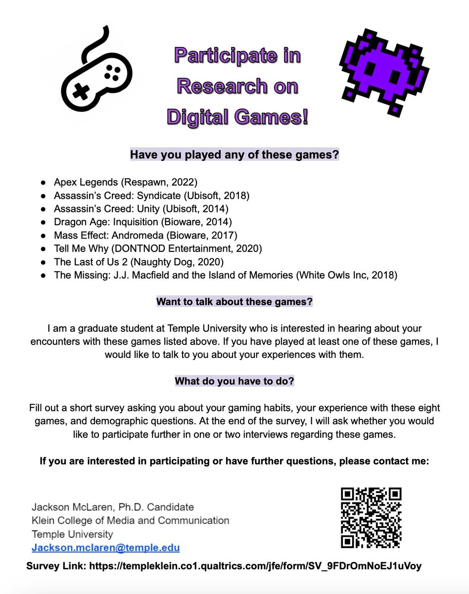 Annette Masterson (@masterson_a) on Twitter photo My friend <a href="/jmclaren117/">jackson mclaren</a> is looking for gamers to participate in a survey/interview for his PhD dissertation. Please consider sharing your gaming experiences! Share with anyone you know! My friend <a href="/jmclaren117/">jackson mclaren</a> is looking for gamers to participate in a survey/interview for his PhD dissertation. Please consider sharing your gaming experiences! Share with anyone you know!
