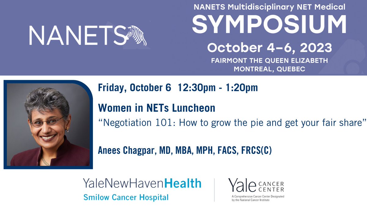 YaleCancer's tweet photo. .@AneesChagpar will present "Negotiation 101: How to grow the pie and get your fair share" at the Women in NETs Luncheon, Friday, Oct. 6 at #NANETS2023. #NETcancers
@smilowcancer @YaleMed @YNHH @PamelaKunzMD https://t.co/ZVm1YHZHOv