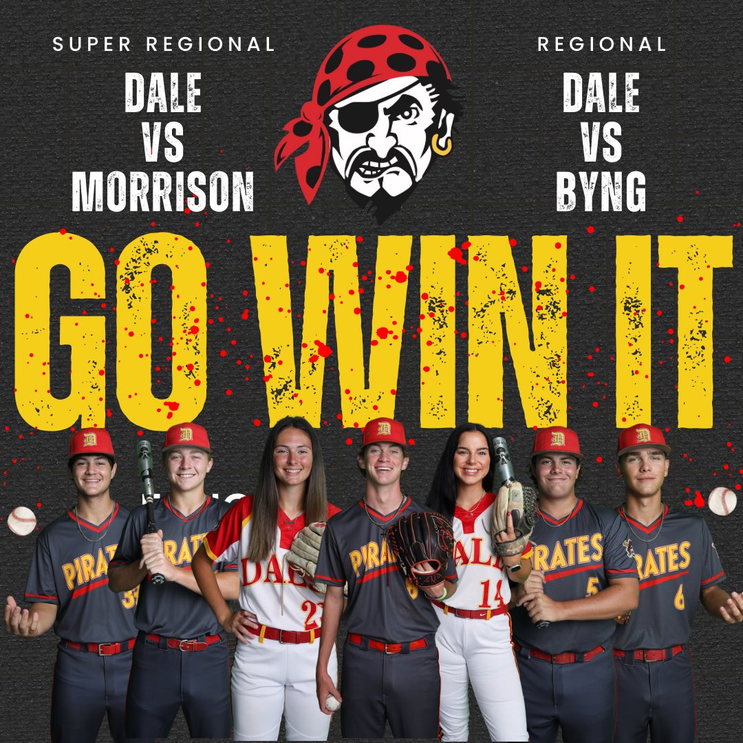 GO WIN IT! Today we set sail on round 2 of the playoffs! The Pirates will travel to Rattan to play Byng in a regional first round game at 4. The Lady Pirates will host a best of 3 series with Morrison at 2 &amp; 4 in the super regionals! Go Dale! #goldblooded #godale #DaleDNA