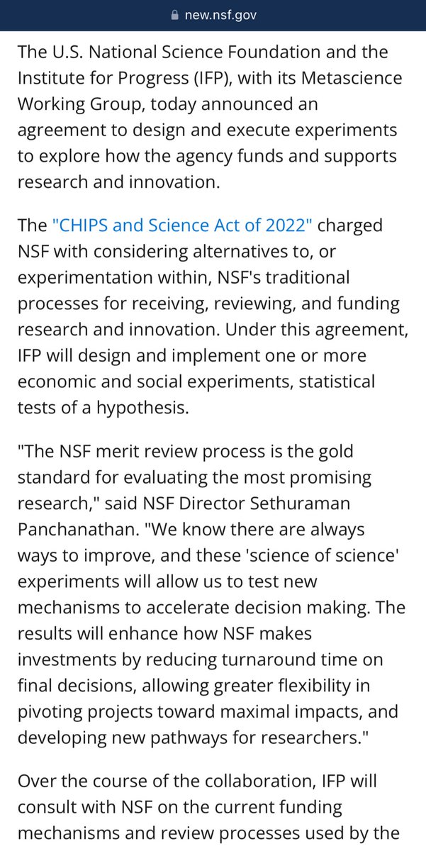 AlecStapp's tweet photo. Huge milestone for our metascience team at @IFP.

The leadership at @NSF is committed to using experiments to improve how the agency funds research and innovation.

We’re honored to support their work. https://t.co/AZUZS4I7u6