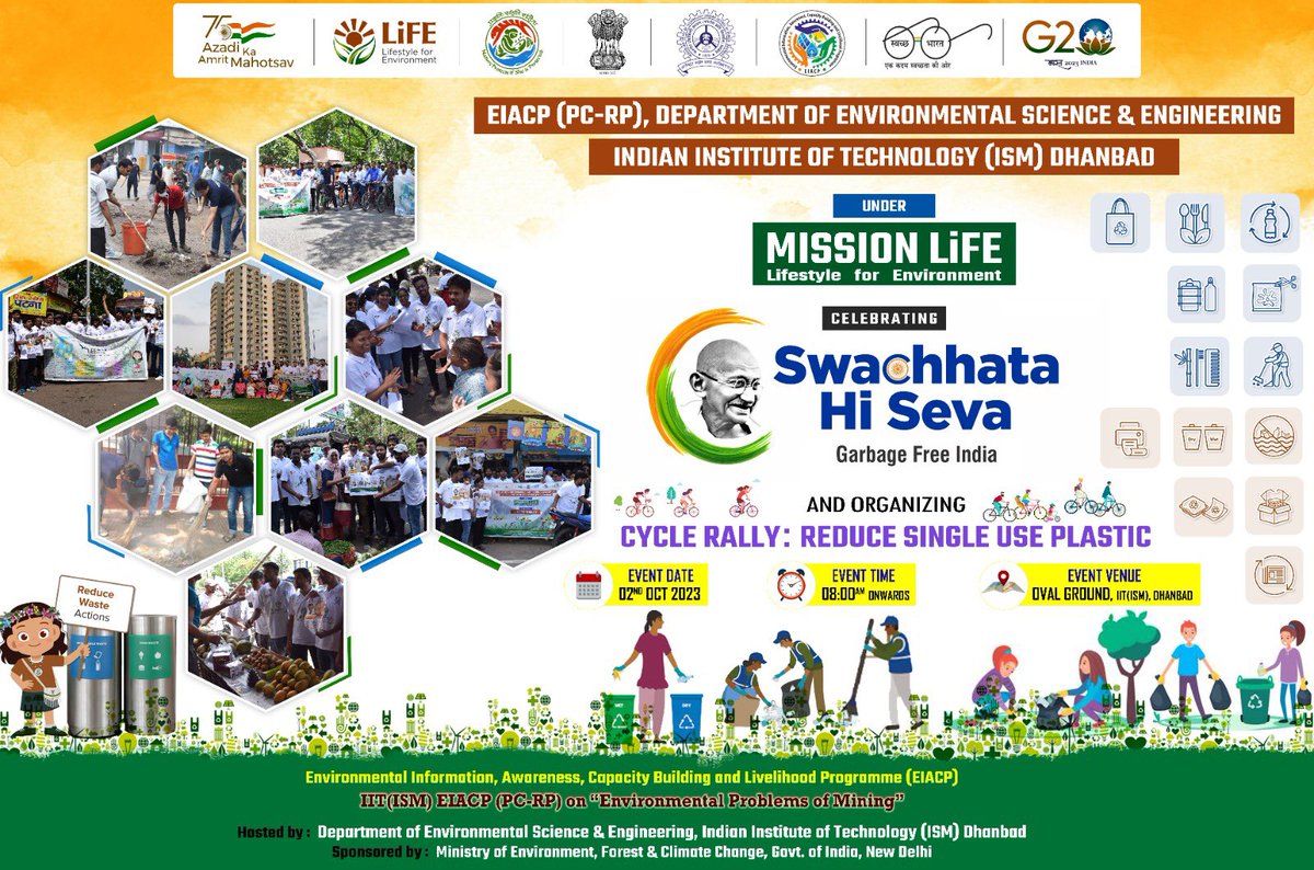 moefcc's tweet photo. Under #MissionLiFE IIT(ISM) EIACP (PC-RP) is celebrating Swachhata Hi Seva 2023 and organizing a Cycle Rally on 2nd October 2023 to promote "Say Not to Single Use Plastics" campaign with a vision of Plastic free Dhanbad city. https://t.co/dinW8DWUFT
