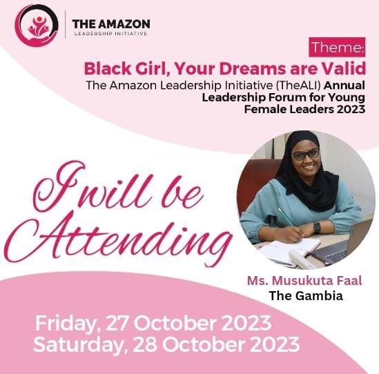 I’ll be attending the Annual Amazon Leadership Initiative Program 2023. 
The Leadership Forum is a significant platform that empowers Young Female Leaders by providing them with networking, learning &amp; personal growth opportunities. 
#TheALILF2023
#BlackGirlYourDreamsAreValid